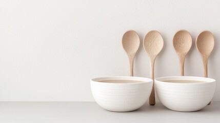 Wooden Spoons and Bowls on White Surface