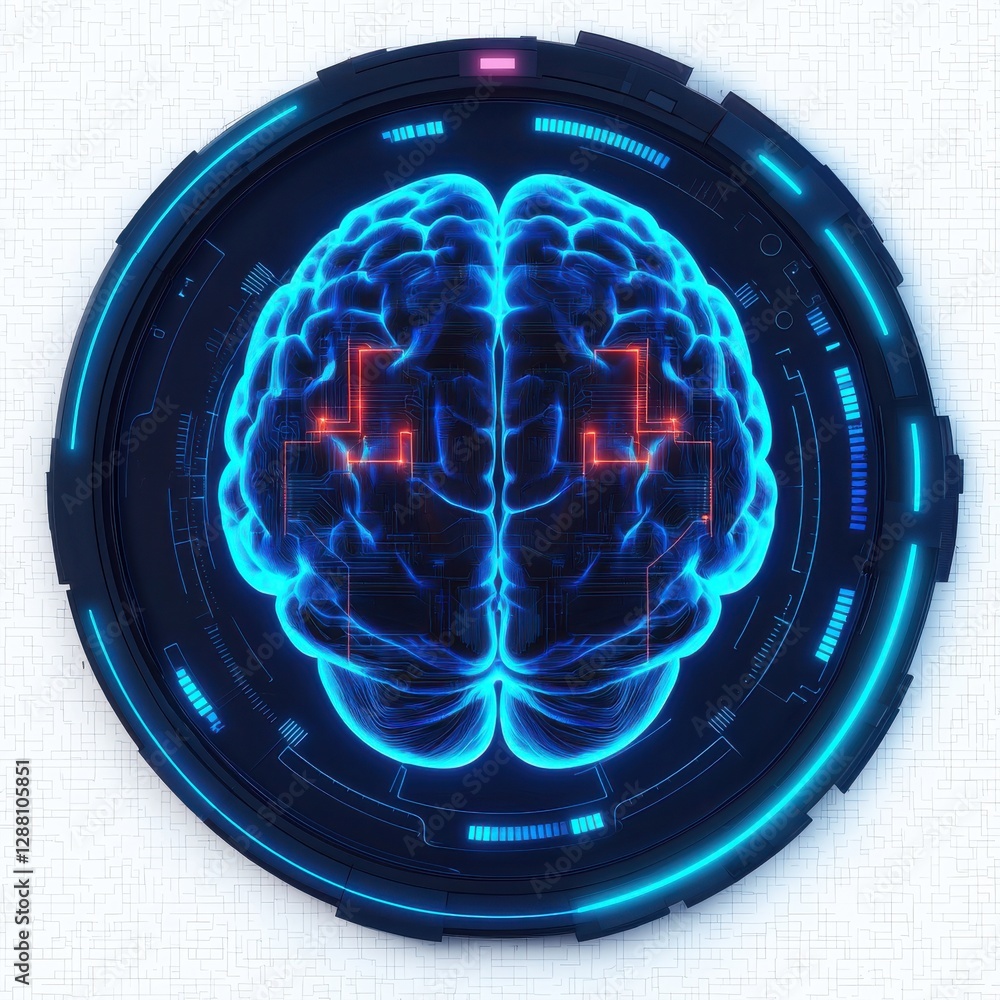 Poster a futuristic digital representation of a brain, illuminated in blue and red, surrounded by a circula