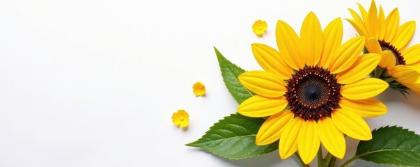 Large sunflower blooms with dark centers on a pure white canvas, flowers, blooms