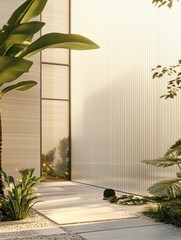 A Modern Oasis: A sun-drenched architectural detail, blending minimalist design with the tranquility of nature, a path leads to a contemporary building framed by lush greenery and natural elements.