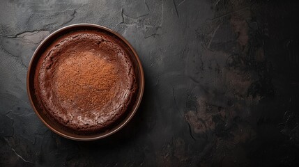 Mocha mousse cake is placed on a dark, textured surface with big copy space. The simplicity of the setting enhances the cake's rustic appearance while providing ample space for text or branding
