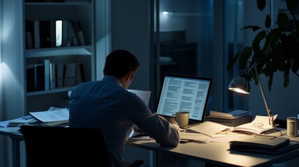 A forensic accountant reviewing financial records for money laundering in a modern office. Featuring attention to detail and focus