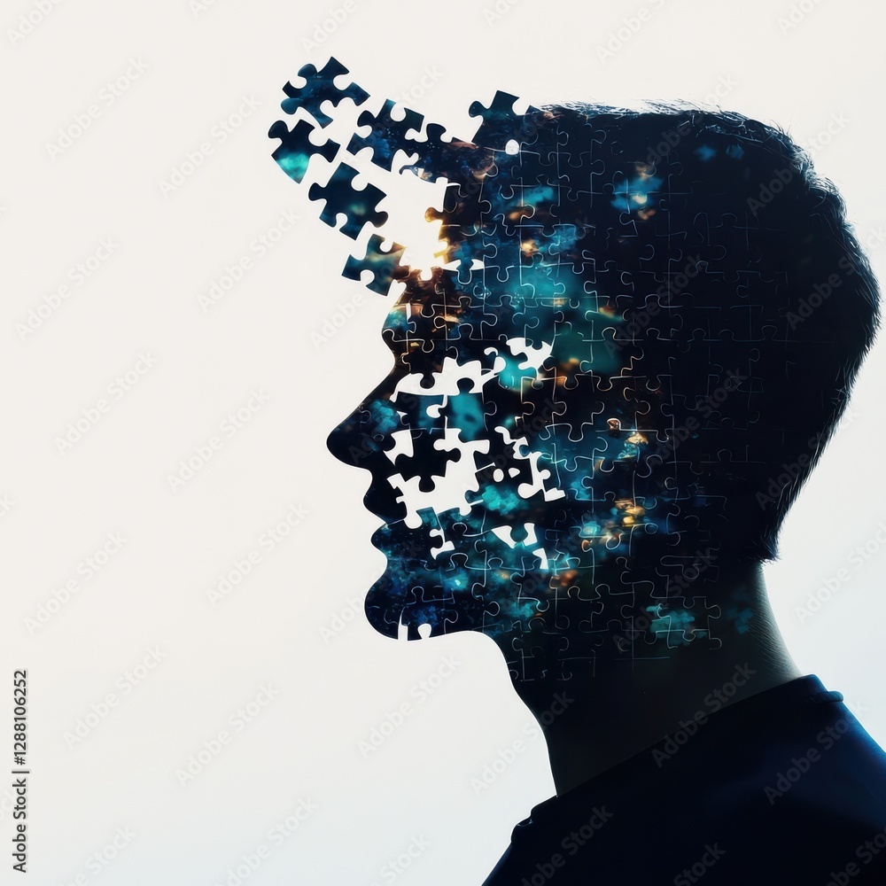 Poster a silhouette of a person with a puzzle piece pattern and a cosmic background, symbolizing complexity