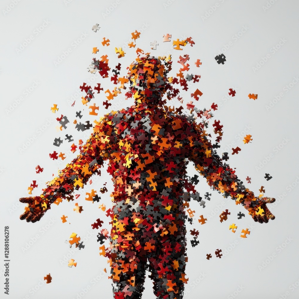 Poster a figure made of colorful puzzle pieces appears to dissolve into a cascade of fragments, symbolizing