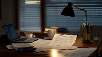 A forensic accountant reviewing financial records for money laundering in a modern office. Featuring attention to detail and focus