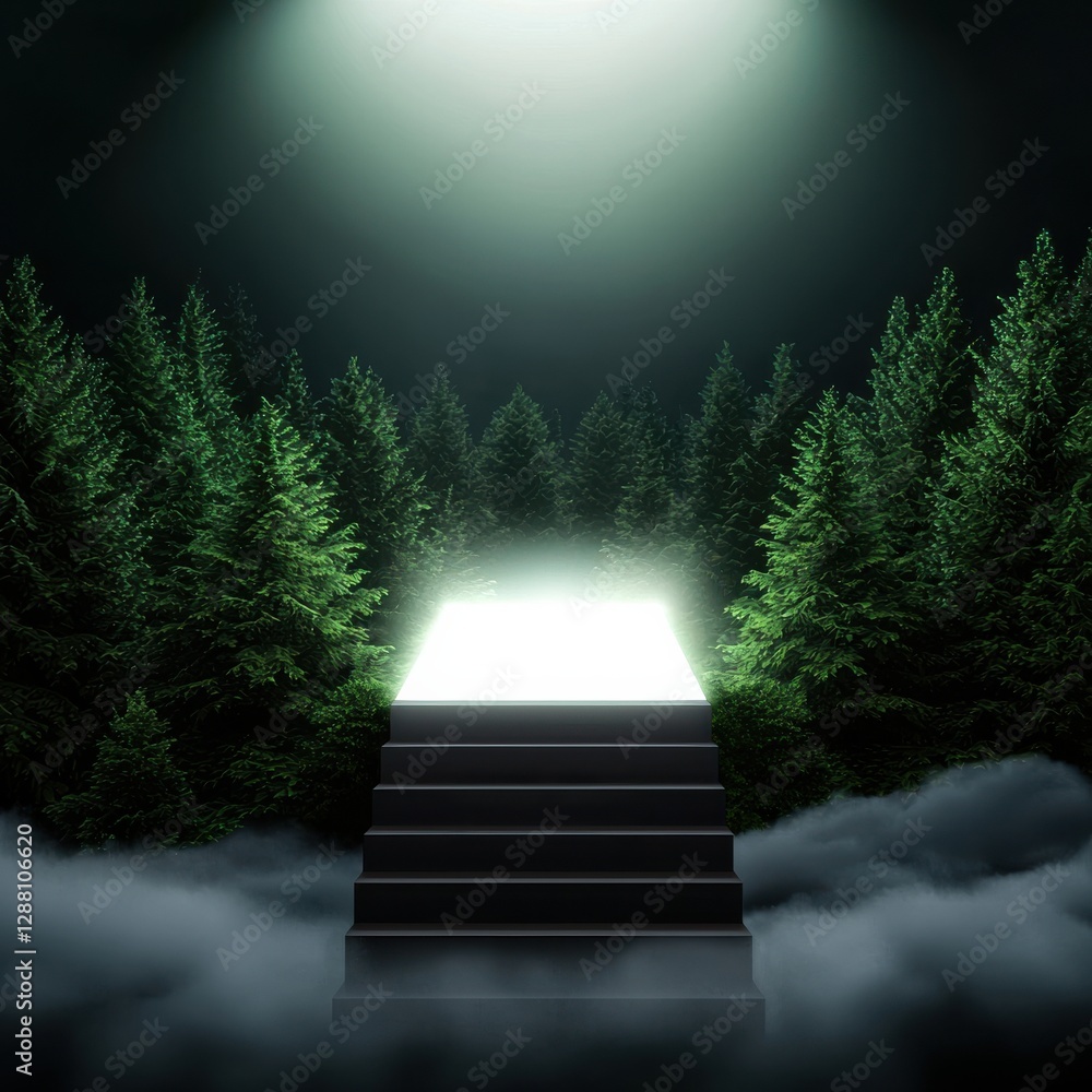 Poster a mysterious staircase illuminated by a bright light, surrounded by dense trees and fog, creating an