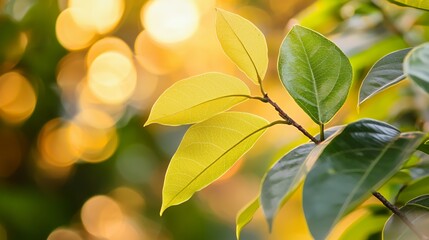 Obraz premium Close Up of Dewy Green and Yellow Leaves with Soft Bokeh Background