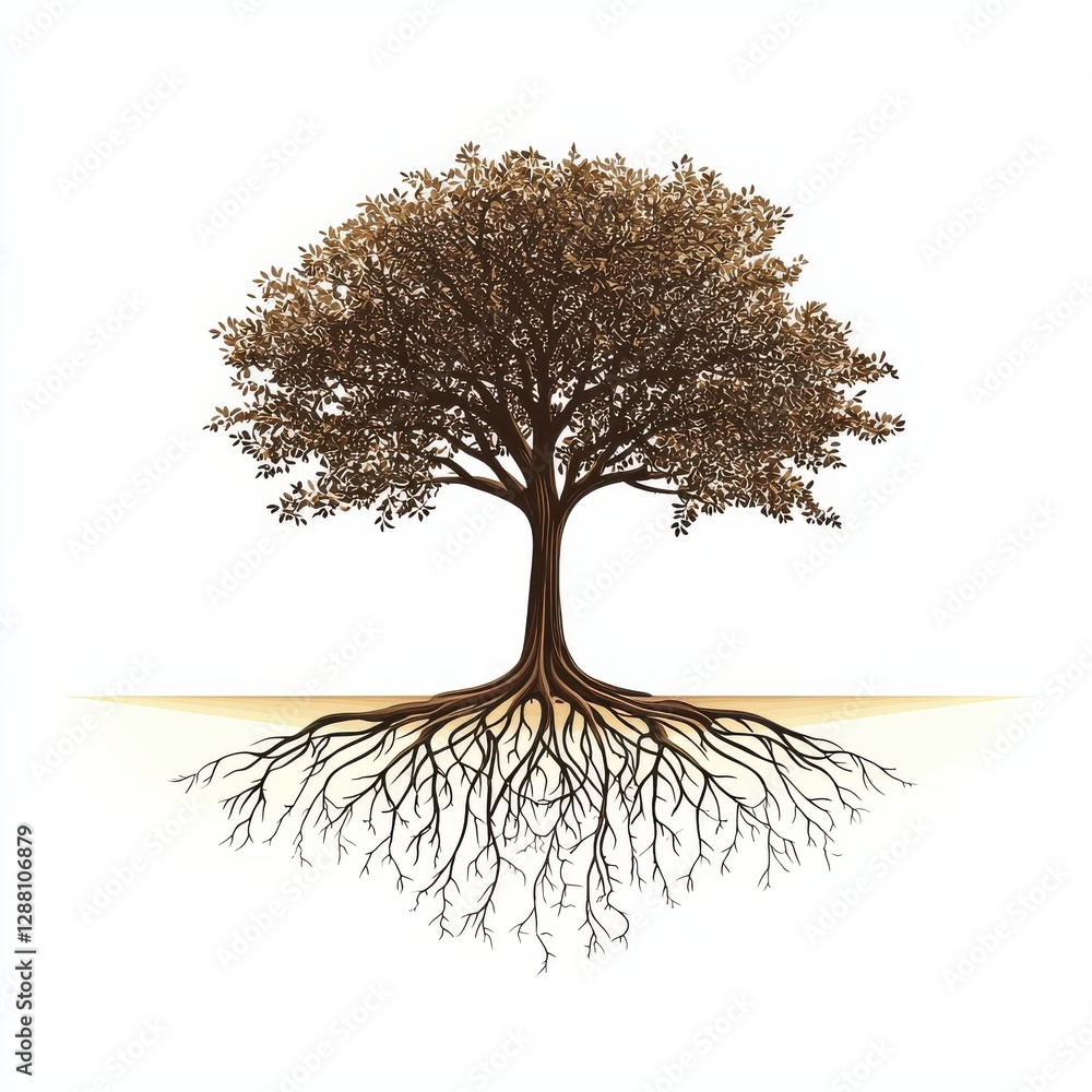 Aufkleber a stylized tree with a dense canopy and visible roots, symbolizing growth and connection to the eart