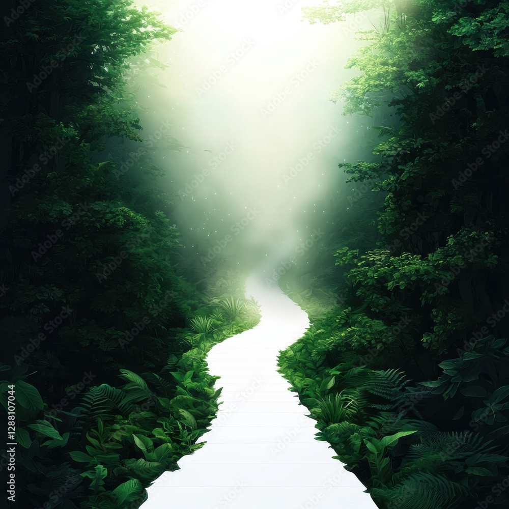 Aufkleber a serene forest path meanders through lush greenery, enveloped in mist, inviting exploration and tra