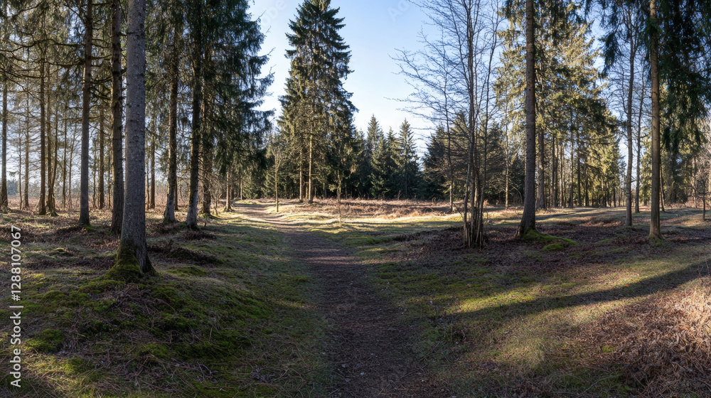 Poster a serene forest scene featuring tall trees, dappled sunlight, and a clear path, inviting exploration