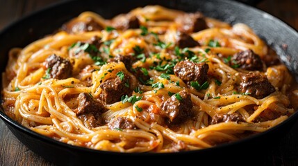 Fototapeta premium Beef and Tomato Spaghetti in Pan on Wooden Table