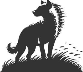 A hyena standing on a hill, wind ruffling its fur vector animal silhouette