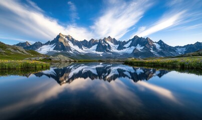 Fototapeta premium Alpine Lake Reflecting Snow-Capped Mountains at Sunrise