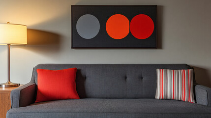 A cozy living room scene featuring a gray sofa adorned with red and striped cushions, complemented by a modern artwork of circles and a warm lamp