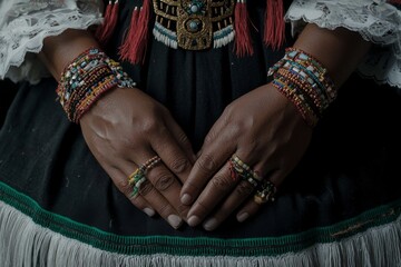 A close-up view of the hands of an indigenous woman in Chimborazo, Ecuador