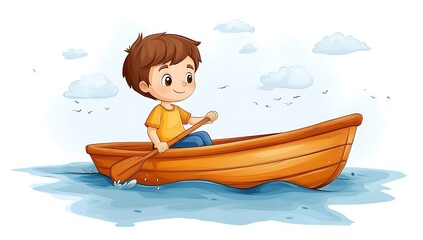 Naklejka premium Cute Boy Rowing a Boat on a Sunny Day