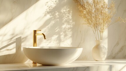 Elegant washbasin on marble counter with gold faucet and sunlit wall panel for skincare display