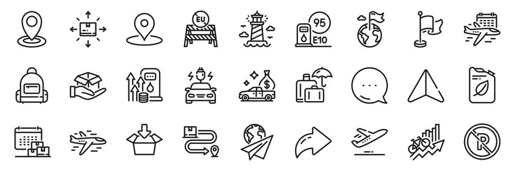 Fuel price, Delivery calendar and Petrol station line icons pack. Share, Message, Paper plane icons. Destination flag, Training results, Airplane web icon. Vector