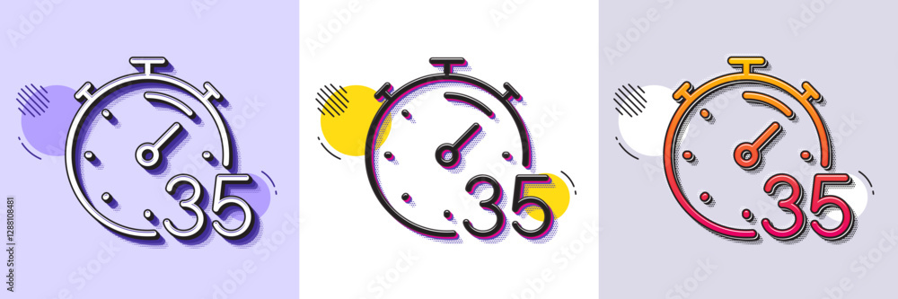 Poster timer 35 minutes line icon. halftone dotted pattern. gradient icon with grain shadow. stopwatch time