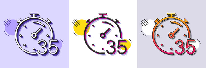 Timer 35 minutes line icon. Halftone dotted pattern. Gradient icon with grain shadow. Stopwatch time sign. Countdown clock symbol. Line timer icon. Various designs. Vector