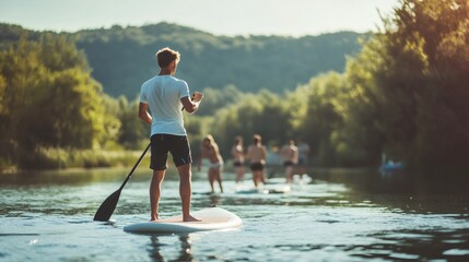 Man paddle boarding on river with friends in background on sunny day