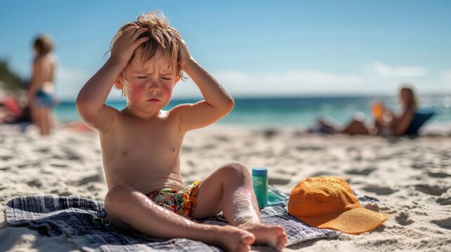 Toddler suffering from sunstroke at beach applying sunscreen lotion
