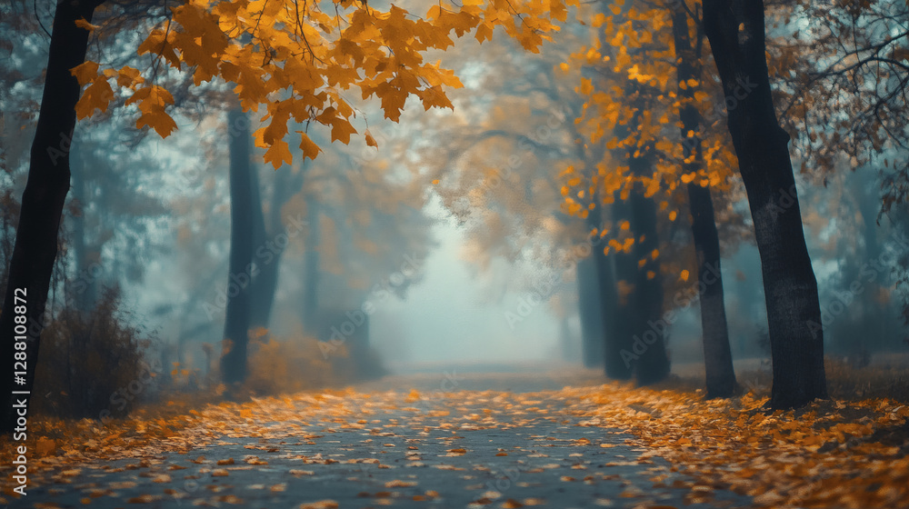 Poster a serene pathway lined with trees, adorned with golden autumn leaves, enveloped in a soft mist, crea