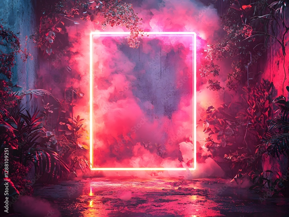 Poster minimalist glowing neon rectangle in futuristic gradient background for product concept display