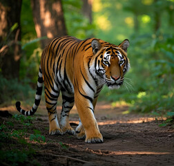 Naklejka premium A majestic Bengal tiger walking through a dense jungle jpg
