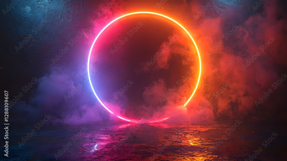 Poster glowing neon circle frame on dramatic black background with pulsating colors for product concept