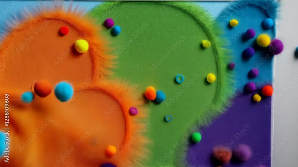 Poster a colorful painting with many different colored balls. the balls are in different sizes and colors. 