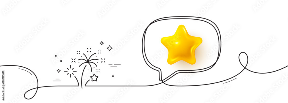 Poster fireworks line icon. continuous line with 3d star. pyrotechnic salute sign. carnival celebration lig