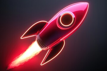 Light effects on a neon red rocket enhance this 3D startup branding mockup.