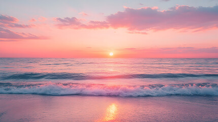 sunset over a calm ocean with waves gently reflecting the warm tones of the sky 