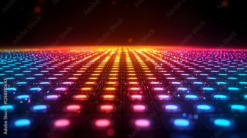 Poster mesmerizing neon grid backdrop with shifting chromatic tones for captivating product display