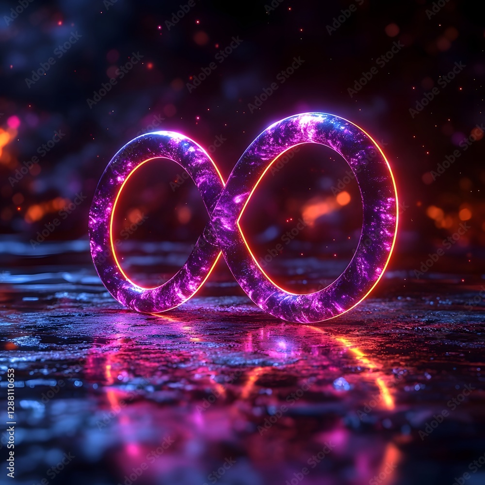 Poster glowing neon infinity loop in ethereal cosmic space modern elegant backdrop for product display