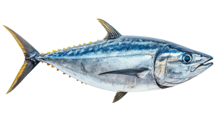 A whole Bluefin Tuna, a powerful saltwater fish with a massive, torpedo-shaped body isolated on white background. Suitable for marketing or business purposes. PNG file