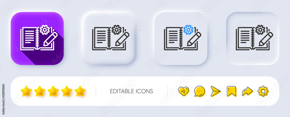Poster engineering documentation line icon. neumorphic, flat shadow, 3d buttons. technical instruction sign