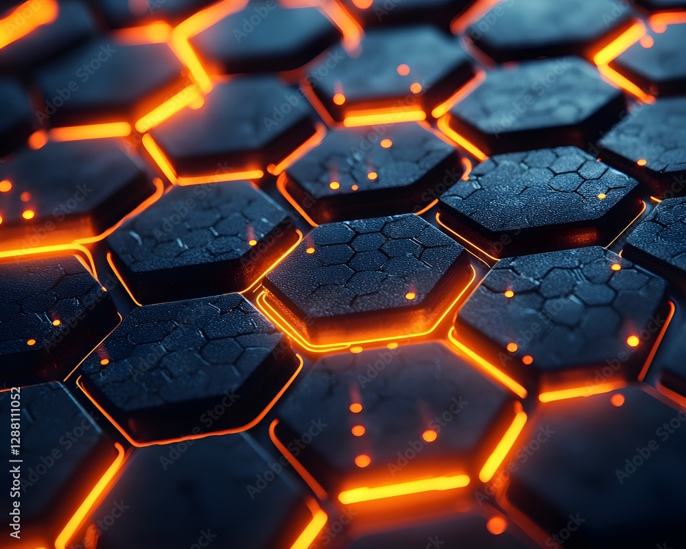 Poster glowing honeycomb neon pattern on matte black background for tech inspired display