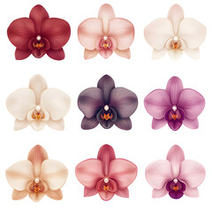 Nine Vibrant Orchids Pink, Purple, Red, and White Blooms Isolated
