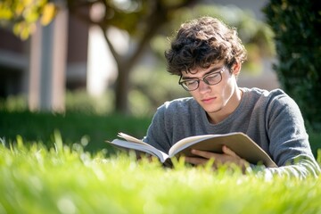Young caucasian male reading book in park on sunny day