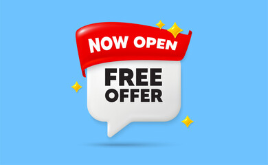 Free offer chat speech bubble. Now open flag ribbon. Free offer tag. Special offer sign. Sale promotion symbol. 3d sparkle stars speech bubble. Vector