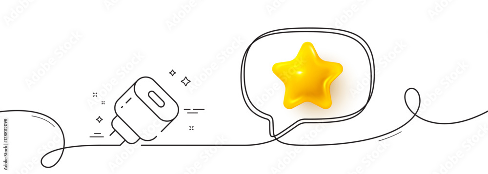 Poster charging adapter line icon. continuous line with 3d star. mobile accessories sign. charging plug sym