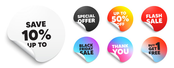 Discount sticker tag. Special offer paper price tags. Save up to 10 percent. Discount Sale offer price sign. Special offer symbol. Discount, black friday sticker. Promo banner. Vector