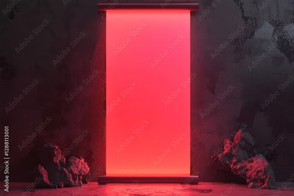 Poster soft red hue on vertical chinese scroll with dark cherry frame.