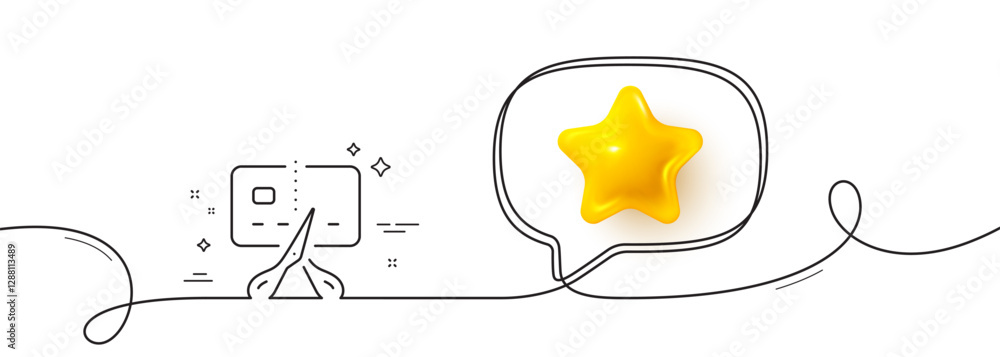 Poster bankrupt line icon. continuous line with 3d star. cut credit card sign. bank card with scissors symb