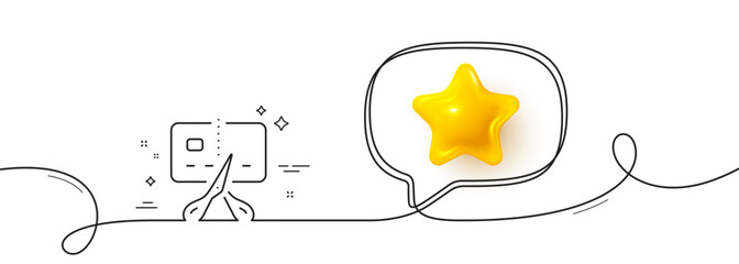 Bankrupt line icon. Continuous line with 3d star. Cut credit card sign. Bank card with scissors symbol. 3d star in speech bubble. Bankrupt single line ribbon. Loop curve pattern. Vector