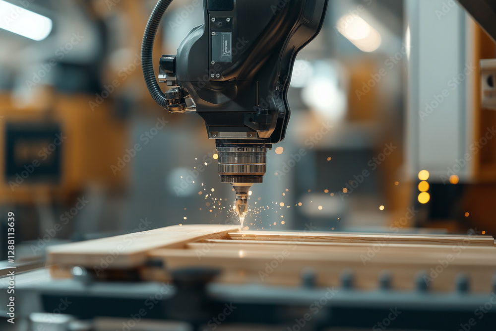 Poster robotic arm assembling custom wooden frame with precision and sparks