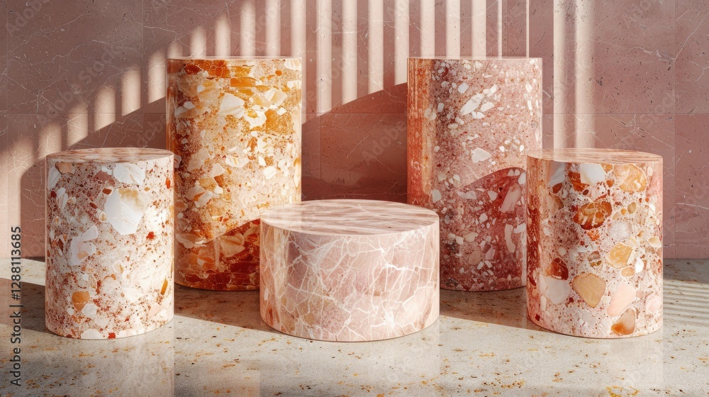 Poster elegant arrangement of textured, cylindrical stone objects in soft pink hues, casting shadows on a s