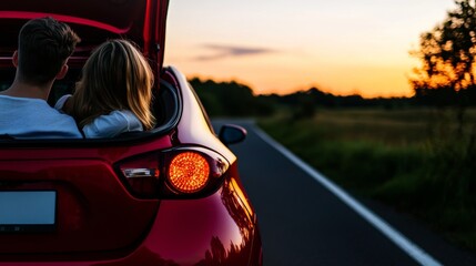 Naklejka premium The image depicts a carefree young couple, dressed in matching white shirts and jeans, seated at the trunk of their new car, with a stunning sunset on the field in the background, symbolizing the